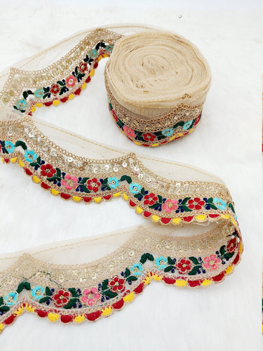 9 Yards Scallop Sequin Floral Border, Beige Shimmer Tissue Fabric Lace Trim Flowers Embroidery, Floral Sari Trimming